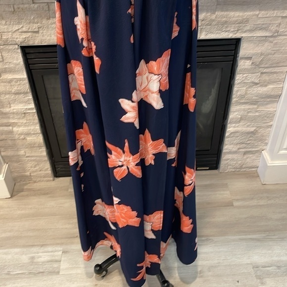 NAVY BLUE PINK FLORAL PLUNGE V NECK CRISSCROSS BACK HIGH SLIT MAXI DRESS Small - Picture 5 of 11